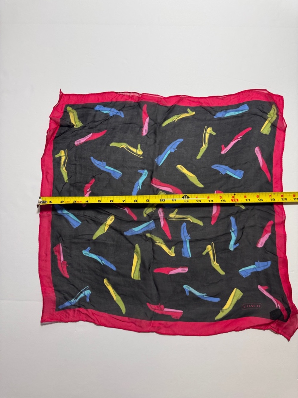 COACH Vintage 100% Silk Black Scarf Bright Shoe Motif Red Border Made in Japan - Picture 5 of 10